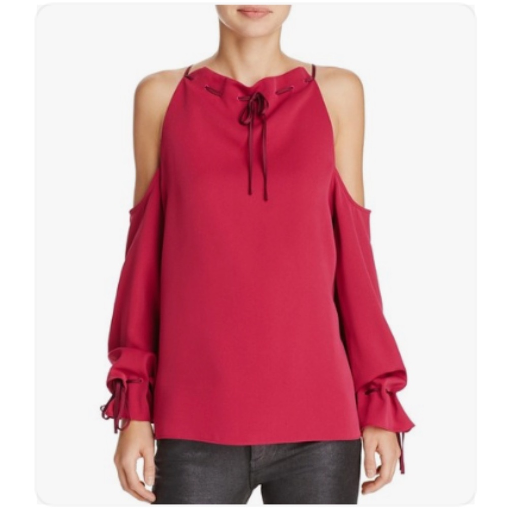 Cooper & Ella Cold Shoulder Ribbon Tie Neck Raspberry Blouse Womens Small NEW